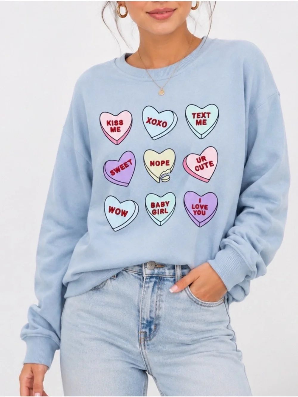 BetterโTogether Pastel Blue Conversation Heart Sweatshirt. Size Large